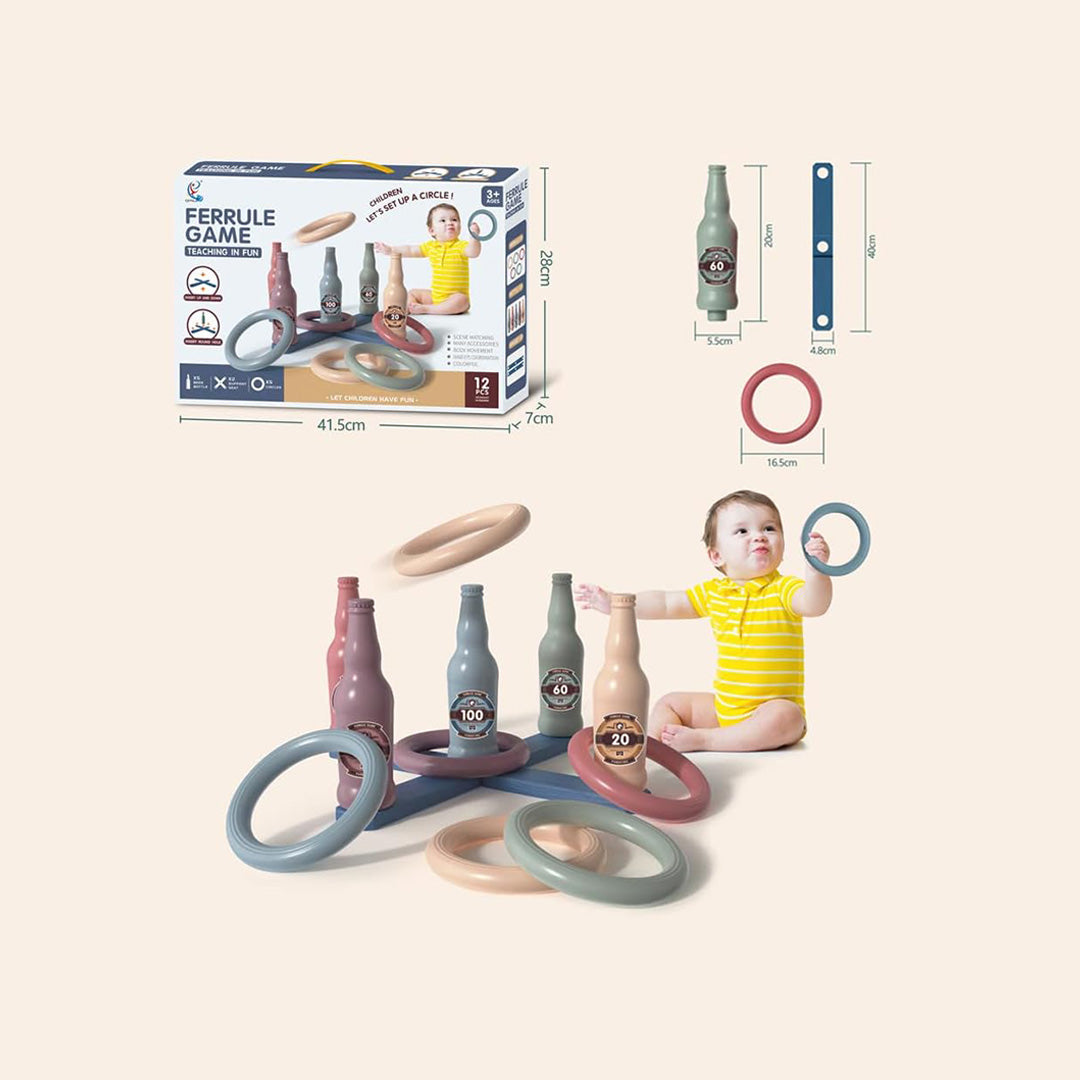 The complete children's ring toss game set up with all pieces
