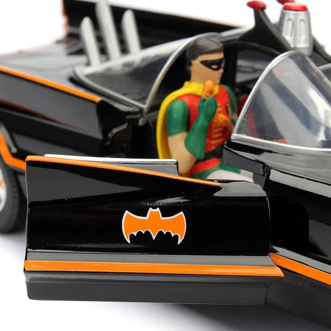 Opening doors of the 1:24 scale Batmobile revealing the interior.