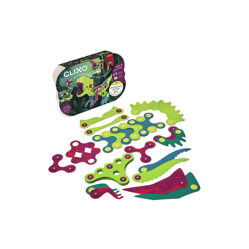 Clixo Dino Discovery Pack 22-piece flexible magnetic building shapes for kids toys UAE.
