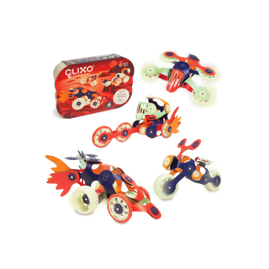 Montessori-inspired glowing planetary rover and space drone magnetic builder shapes for open-ended play.
