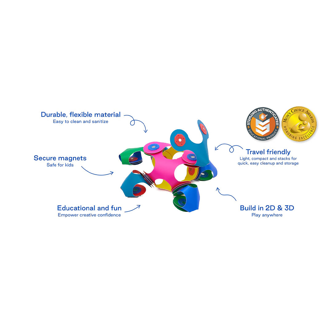 Preschool multi-level modular STEAM magnetic snapping blocks and creative activity toys.
