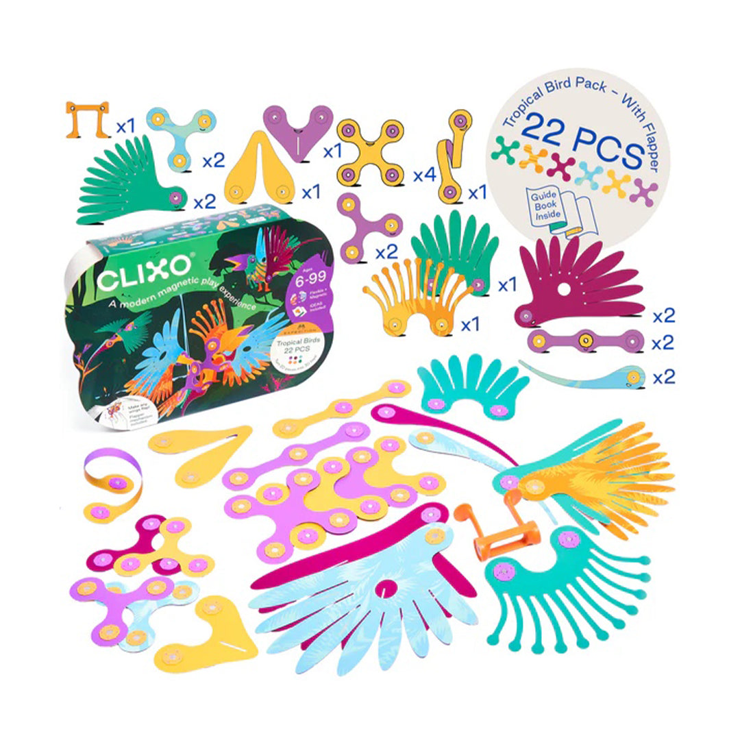 Montessori-inspired colorful wing-flapping avian magnetic builder shapes for open-ended play.
