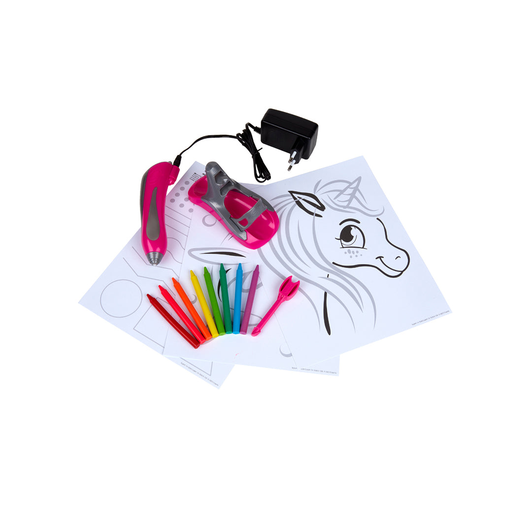 A close-up of the melter's low-heat tip in action, showing a flow of melted crayon