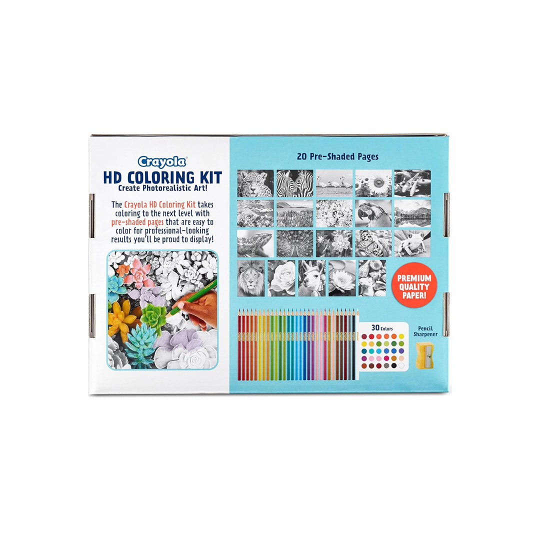 Crayola HD Coloring Kit box, showing the included colored pencils and shaded pages
