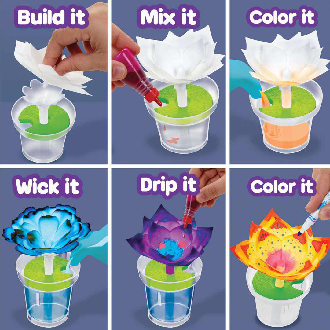 A finished paper flower with vibrant, wicking colors

