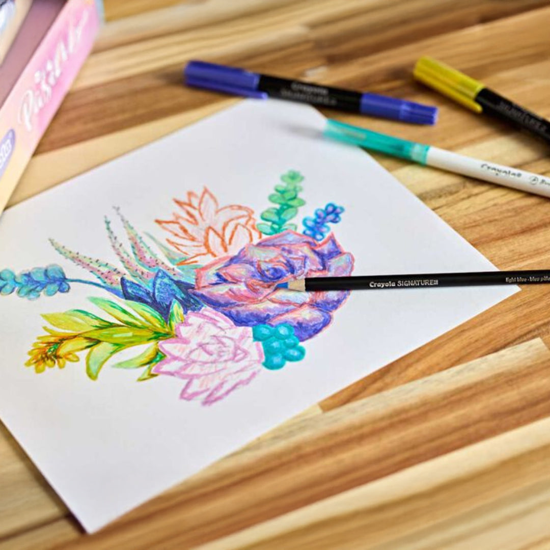 A close-up of a finished drawing with colors from the kit
