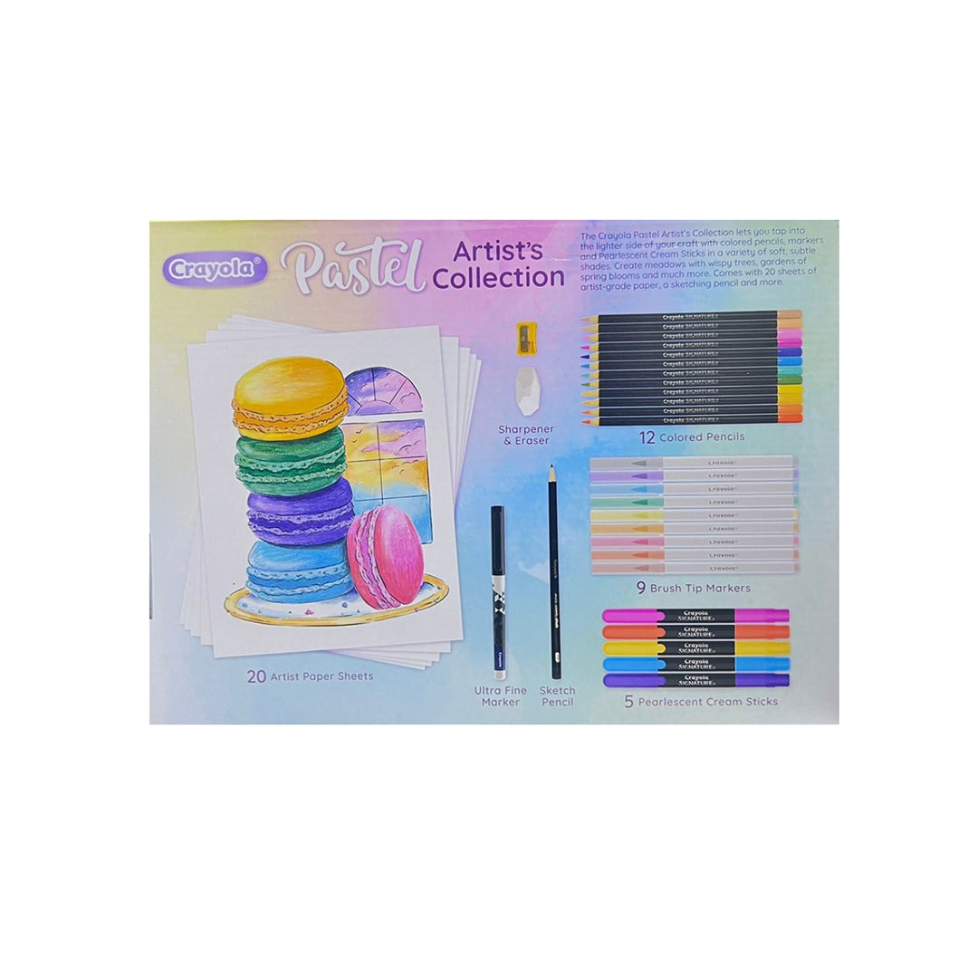 The various tools in the kit, including the colored pencils and brush-tip markers

