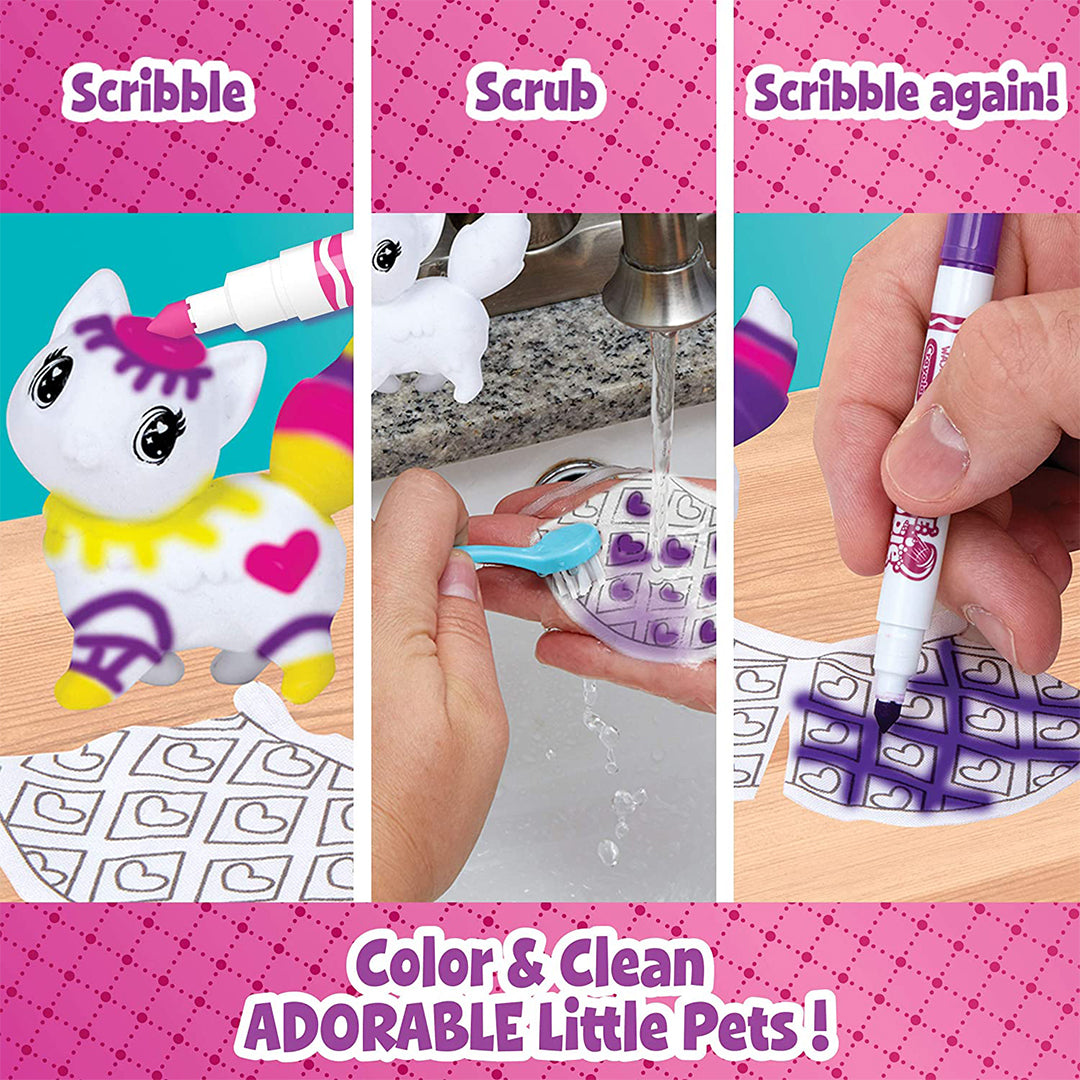 A child coloring the Scribble Scrubbie cat with a washable marker
