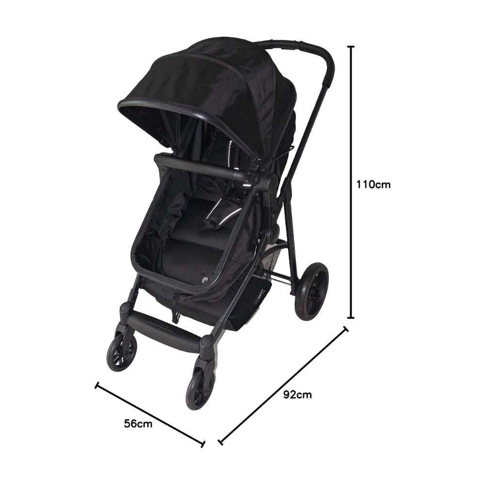 Black baby stroller with dimension annotations showing a height of 110cm, width of 92cm, and depth of 56cm on a plain white background.