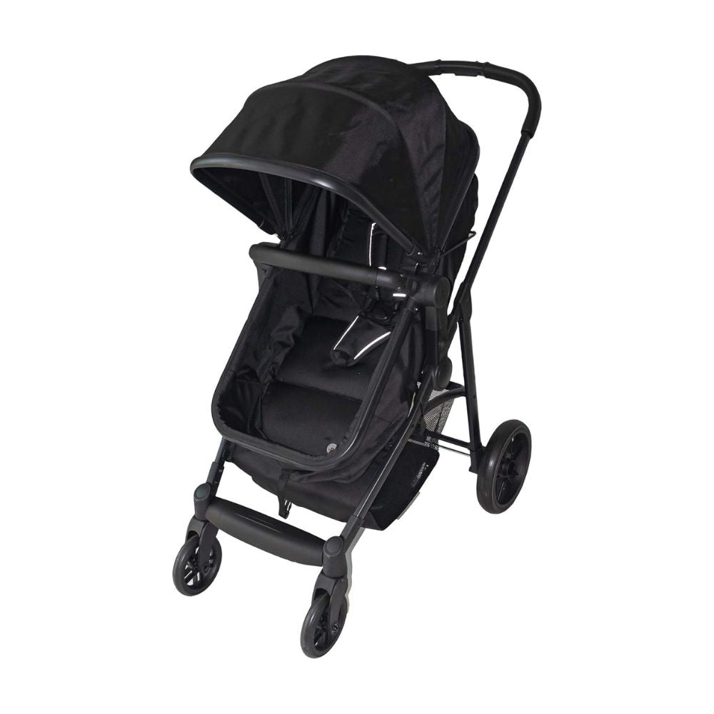 A black baby stroller with a high sun canopy and black frame, shown from a three-quarters angle on a solid white background.