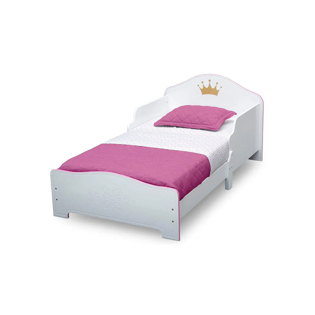 Educational toys for kids area featuring a princess crown bed.
