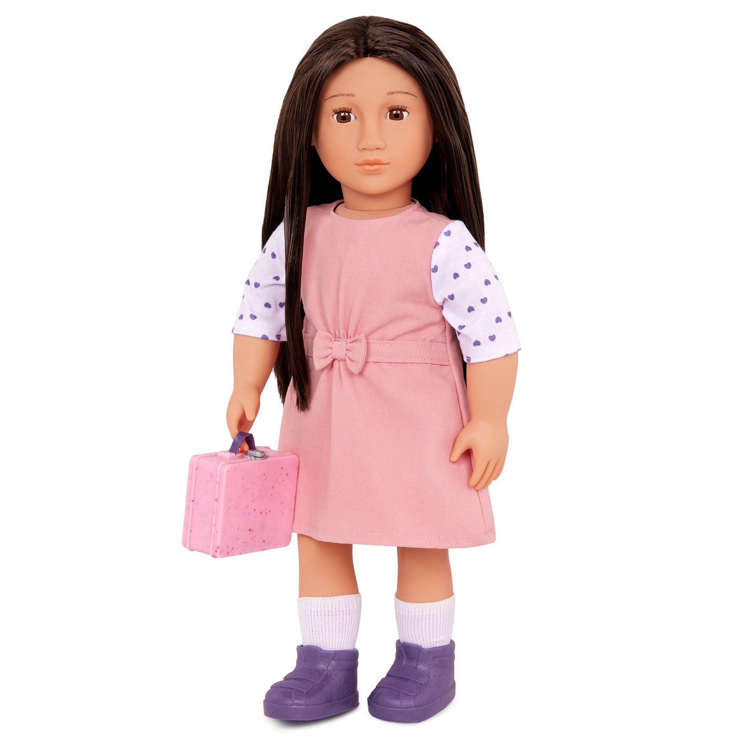 Close-up of the Lin School Doll's face and stylish outfit