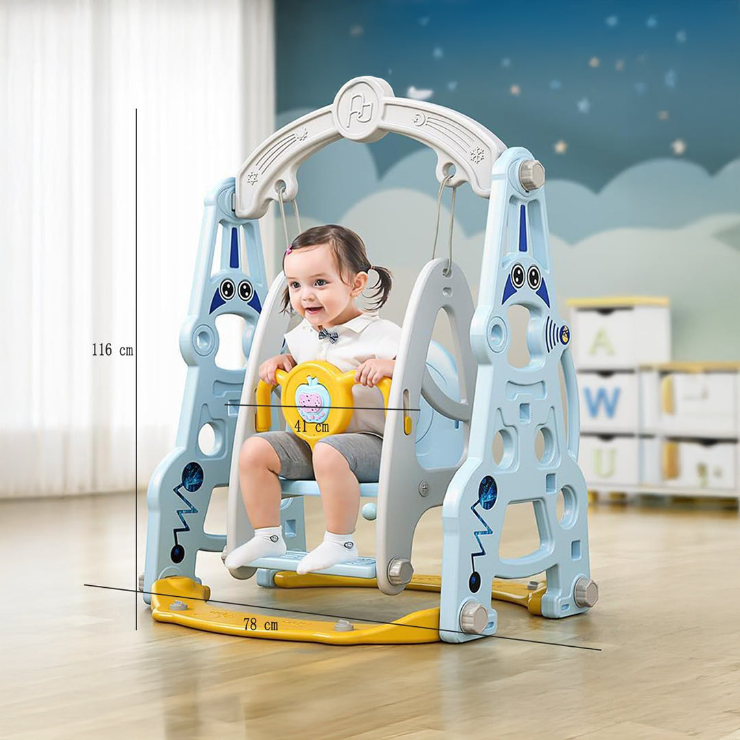 Child Joyfully Swinging on Safe Swing Toy in Backyard

