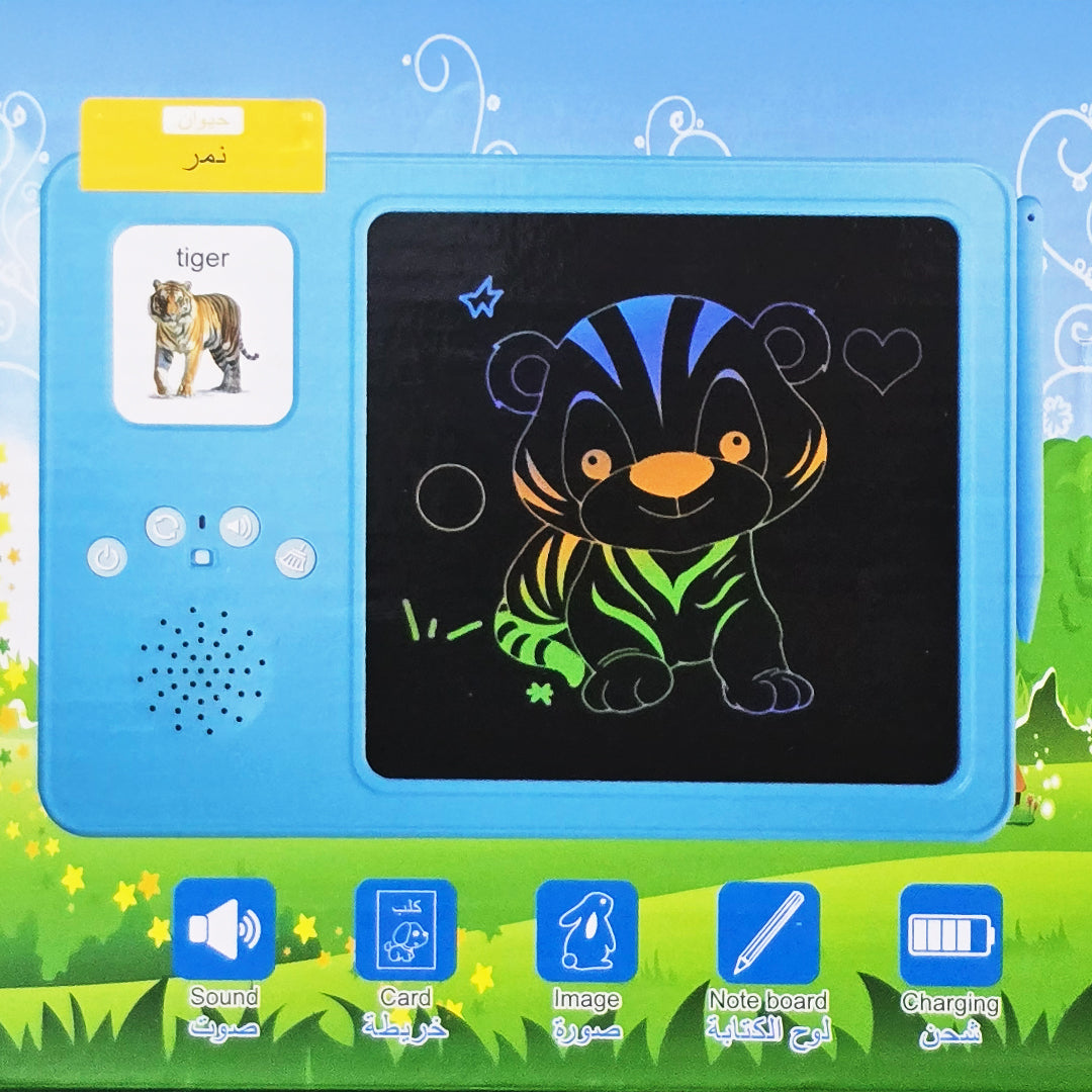 The drawing board side of the toy with a doodle on it
