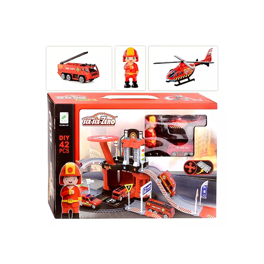 42-Piece DIY Fire Station Track Playset & Firefighter Toy with Vehicles - Toyspry