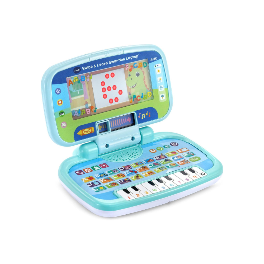 A light blue and white toy electronic learning laptop for children, featuring a colorful screen, buttons, and a small piano keyboard, shown on a plain white background.