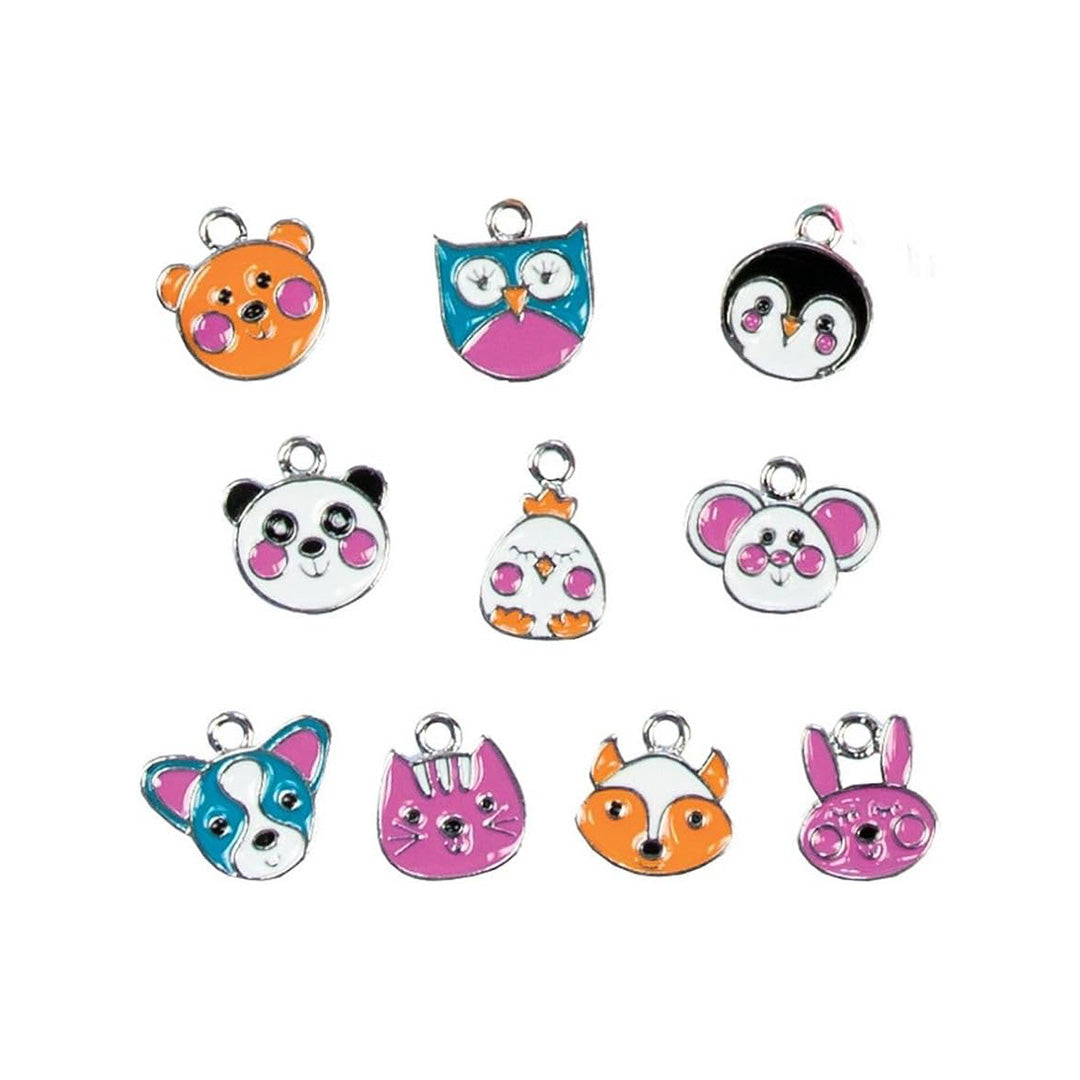 A close-up of the 10 coloured metal charms (e.g., animals)