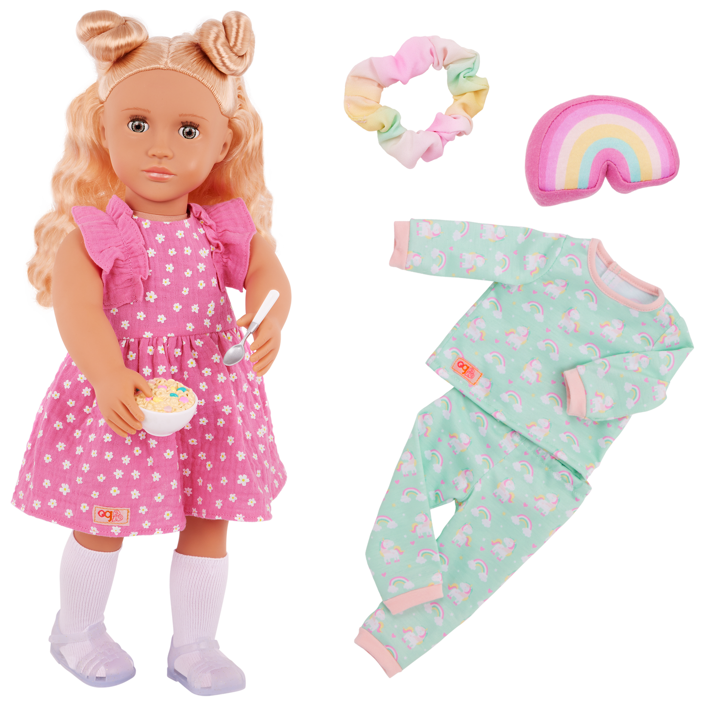 Close-up of the Gillian Doll's pajama outfit and accessories