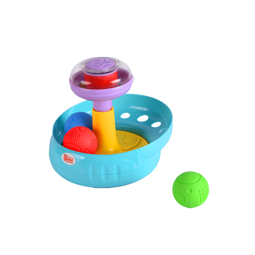 Close-up of the colorful textured balls on the HapeeCapee Spinning Top