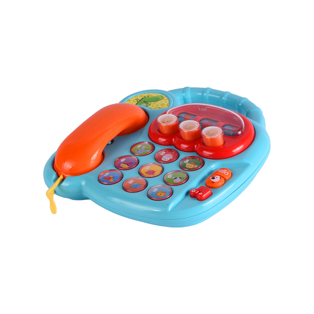 Close-up of the buttons and spinning images on the HapeeCapee Activity Animal Telephone