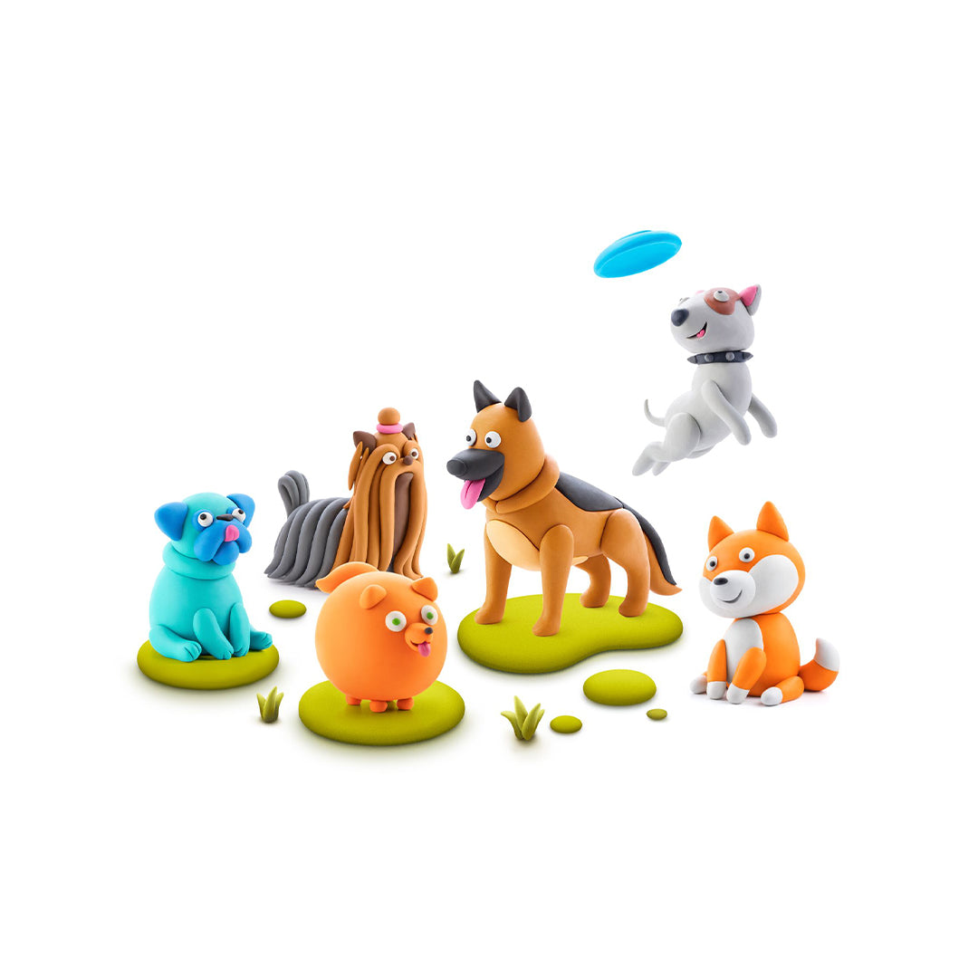 Non-toxic air-dry clay dog figures for physical development.
