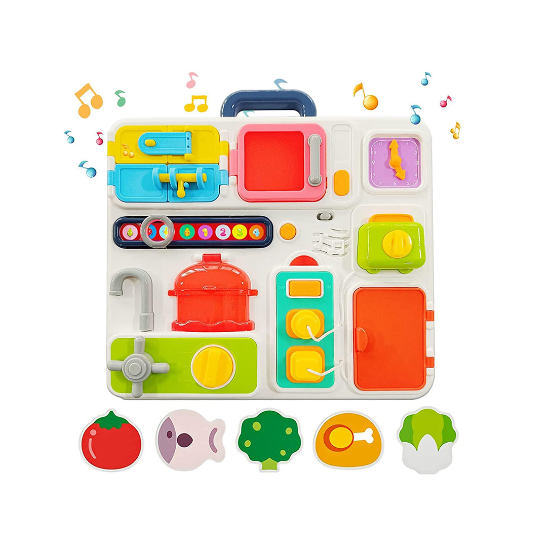 Musical Kids Kitchen Busy Board Toy – Front View with Utensils and Stove