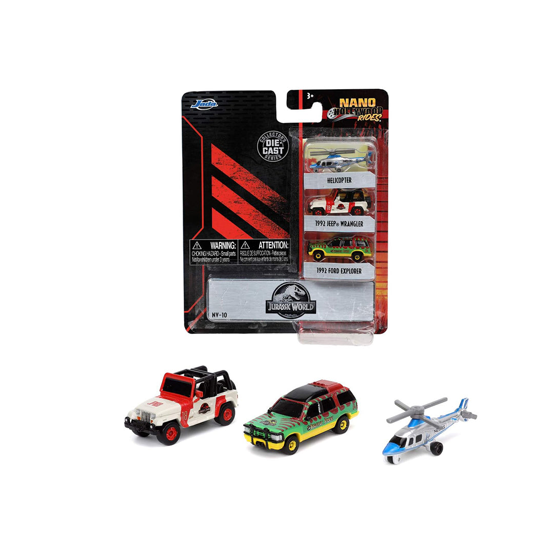 Jada Jurassic Park Nano Hollywood Rides 3-Pack - Diecast Model Vehicle Set - Toyspry