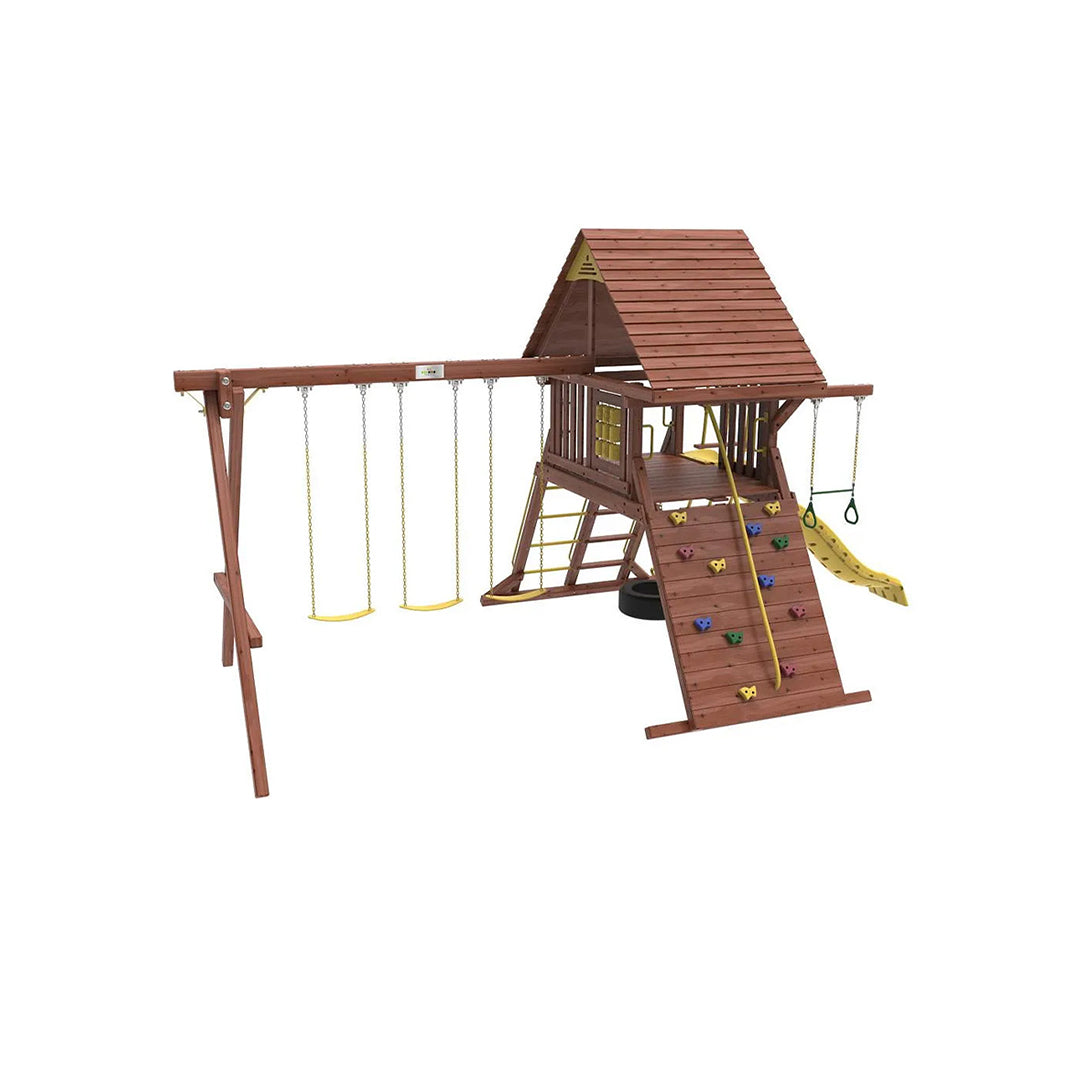 Kiddoro Discovery Den Swing Set | Wooden Outdoor Playground with Tire Swing - Toyspry