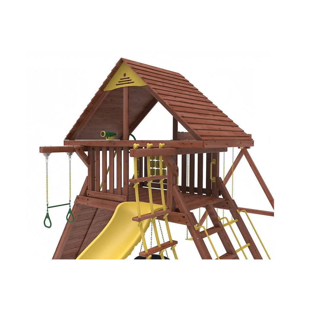 Kiddoro Discovery Den Swing Set | Wooden Outdoor Playground with Tire Swing - Toyspry
