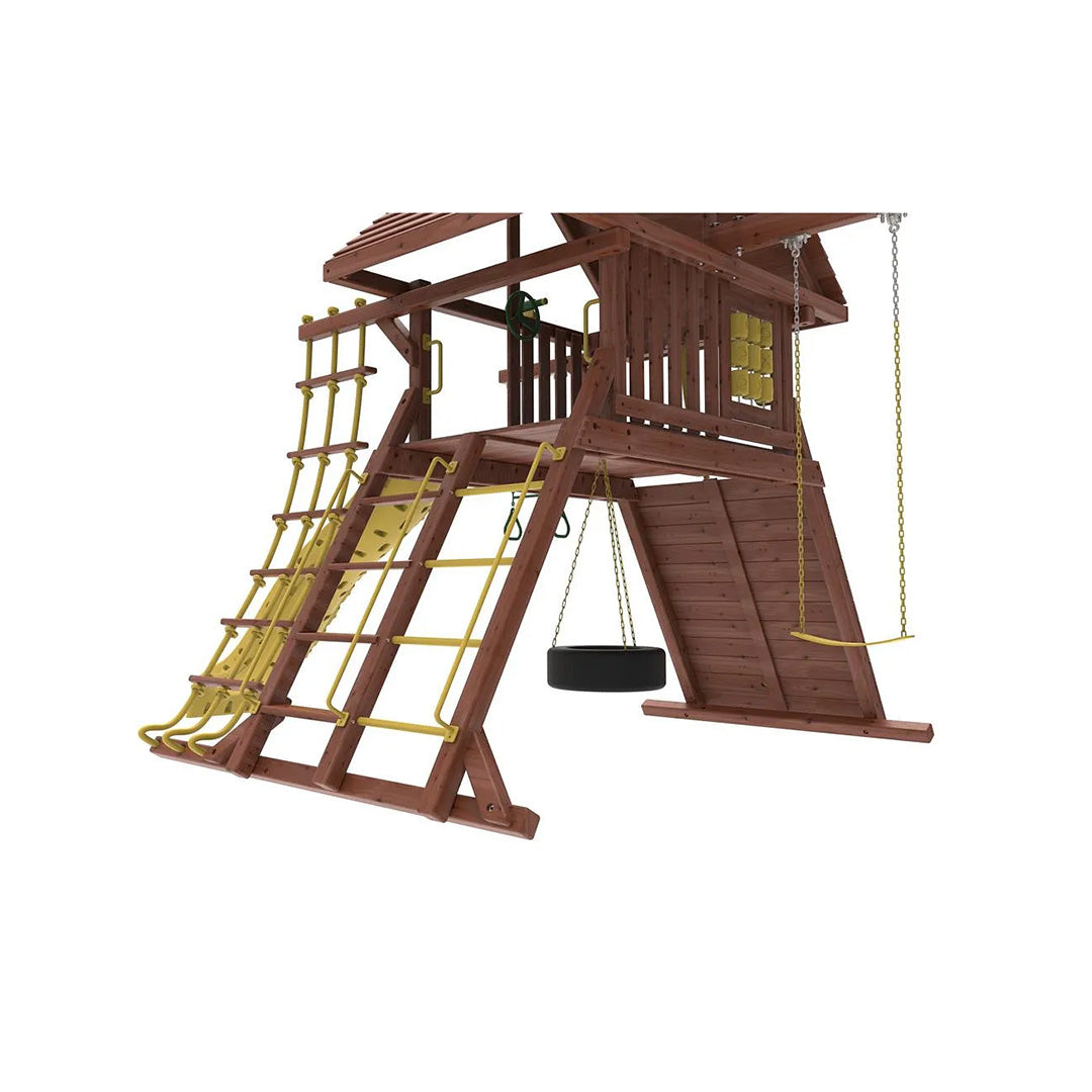 Kiddoro Discovery Den Swing Set | Wooden Outdoor Playground with Tire Swing - Toyspry