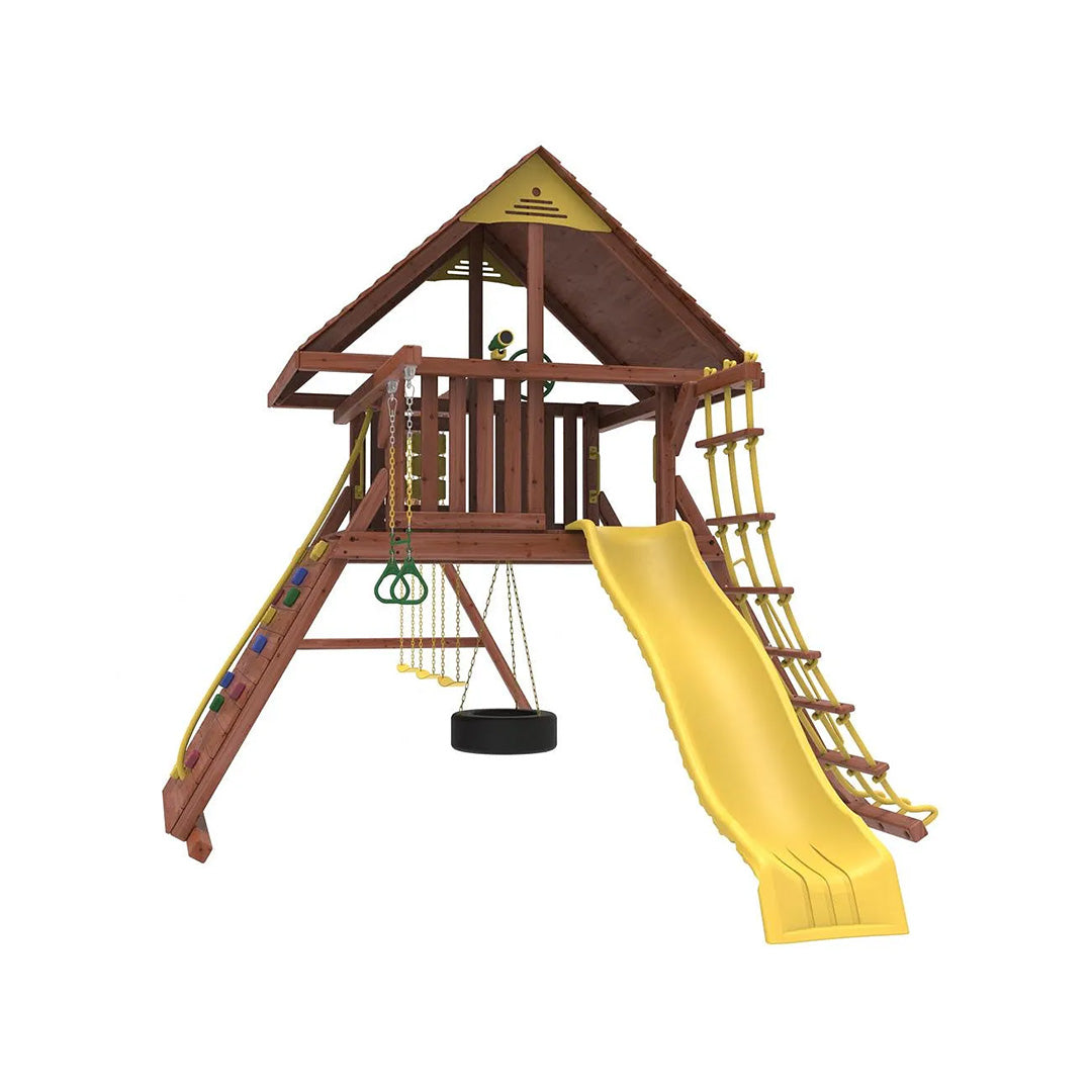 Kiddoro Discovery Den Swing Set | Wooden Outdoor Playground with Tire Swing - Toyspry