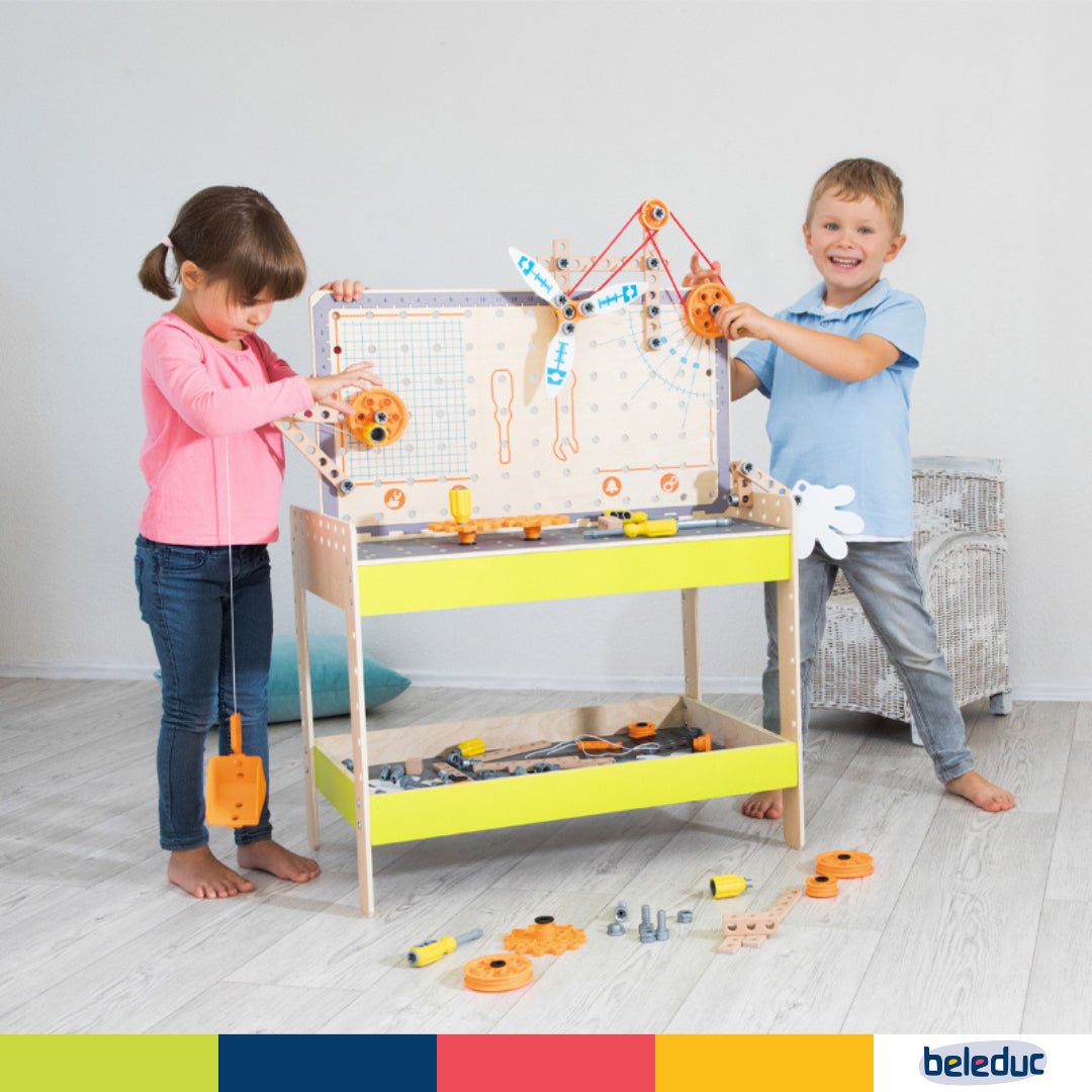 Beleduc Junior Inventor Table XXL Set wooden workbench for kids toys UAE.
