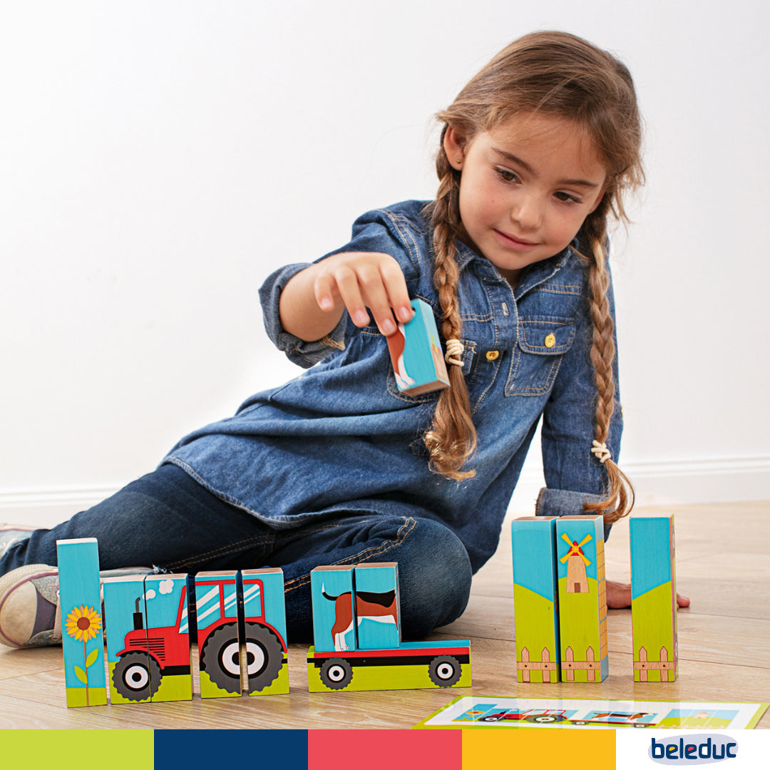 Montessori 4-sided printed farm blocks for screen-free play and balancing.

