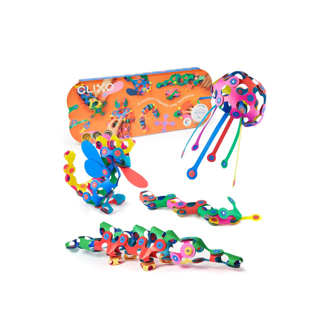 Clixo Super Rainbow Pack 60-piece colorful flexible magnetic building set for kids toys UAE.
