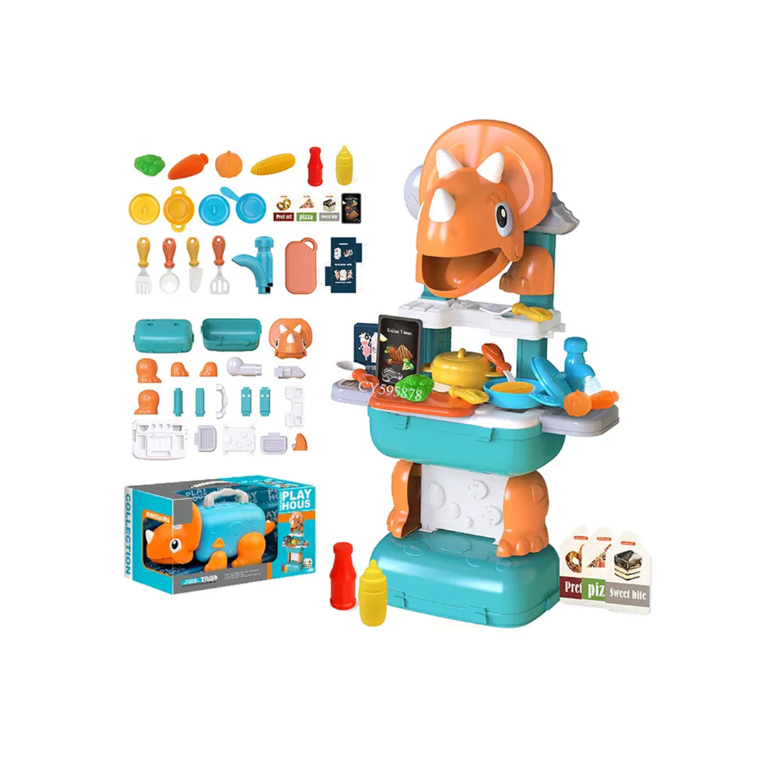 Close-up of the dinosaur-themed kitchen accessories in the playset