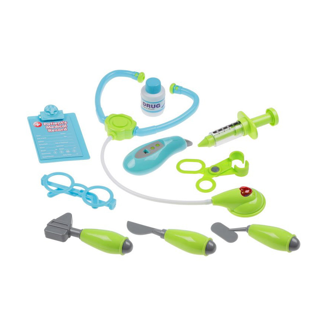 A close-up of the realistic medical accessories like a toy syringe and hammer
