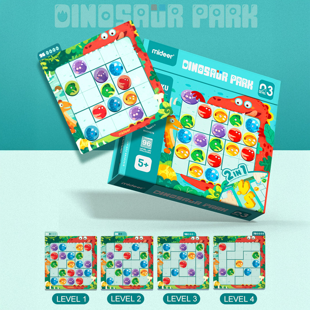 Preschool multi-level dinosaur sudoku challenge cards for creative activity toys.
