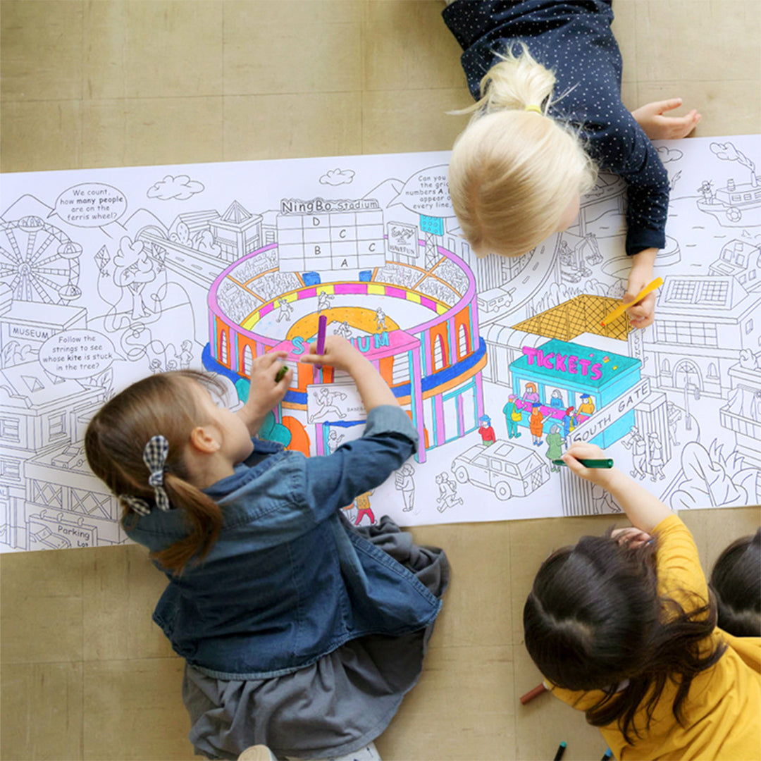 Preschool fine motor control training city coloring roll with creative activity toys.
