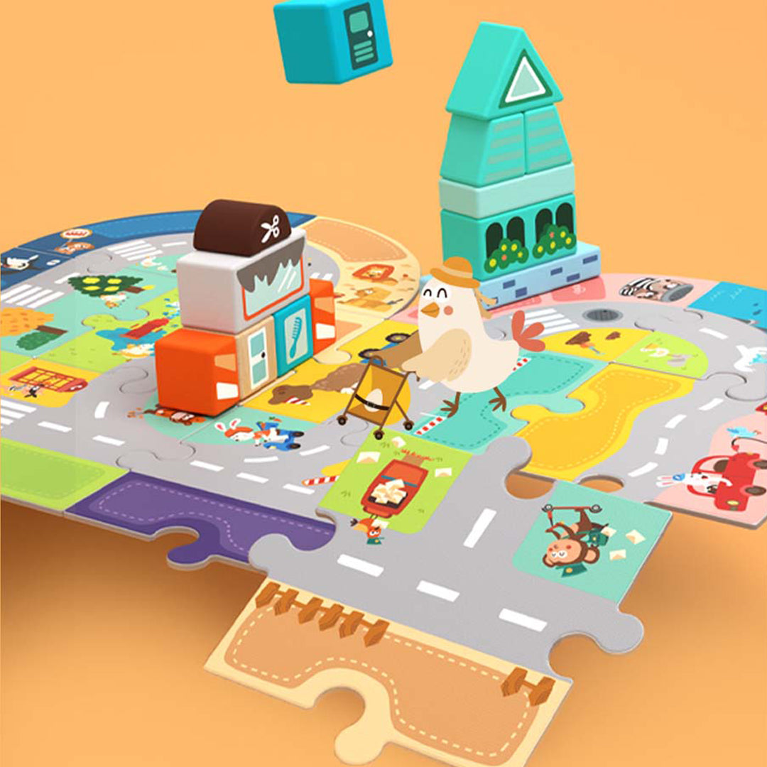 Preschool spatial alignment block stacking game with instruction guides for creative activity toys.
