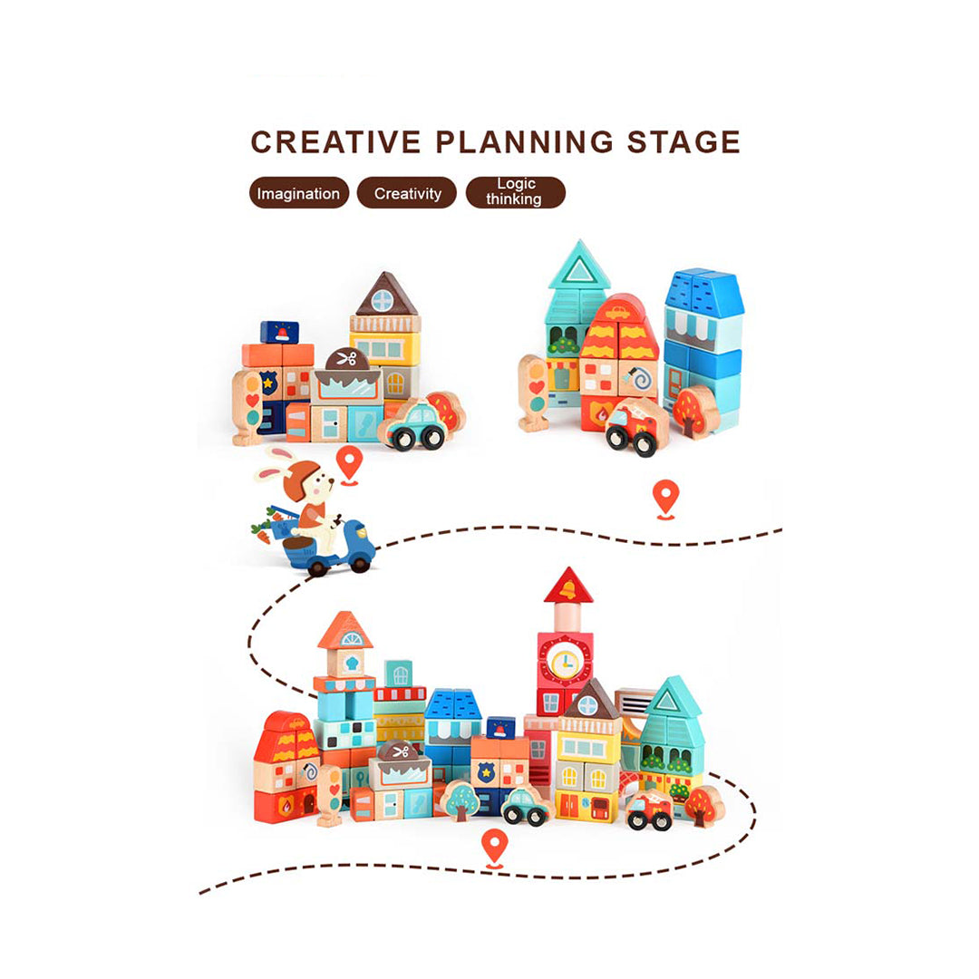 Montessori wooden city buildings and vehicles map board for active screen-free play.
