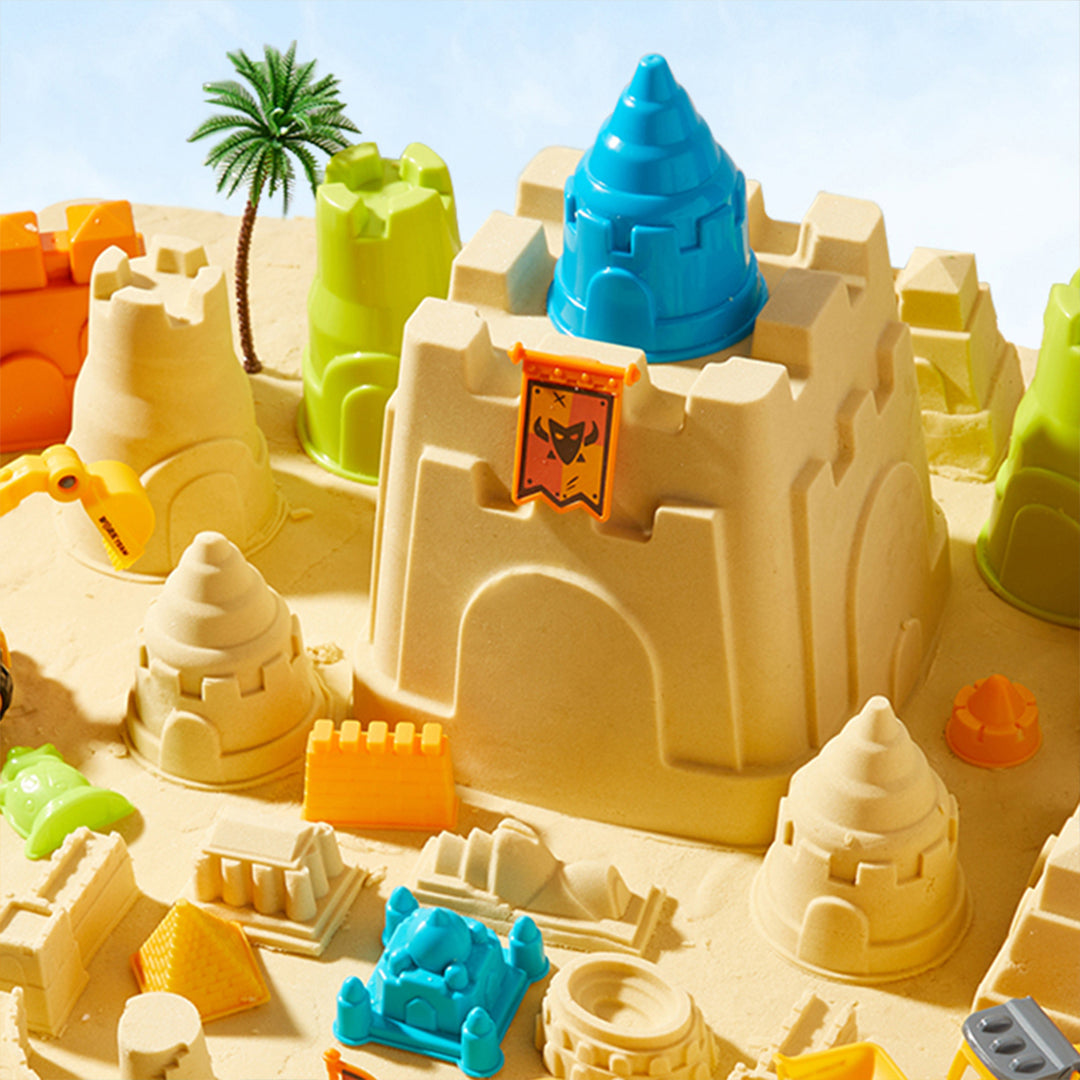 Preschool kids indoor kinetic sandbox building set with creative activity toys.
