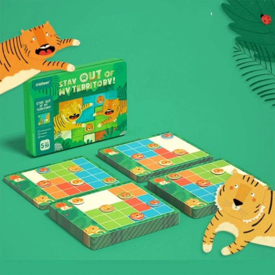 Montessori-inspired tiger deduction task cards and plastic tokens for active screen-free play.
