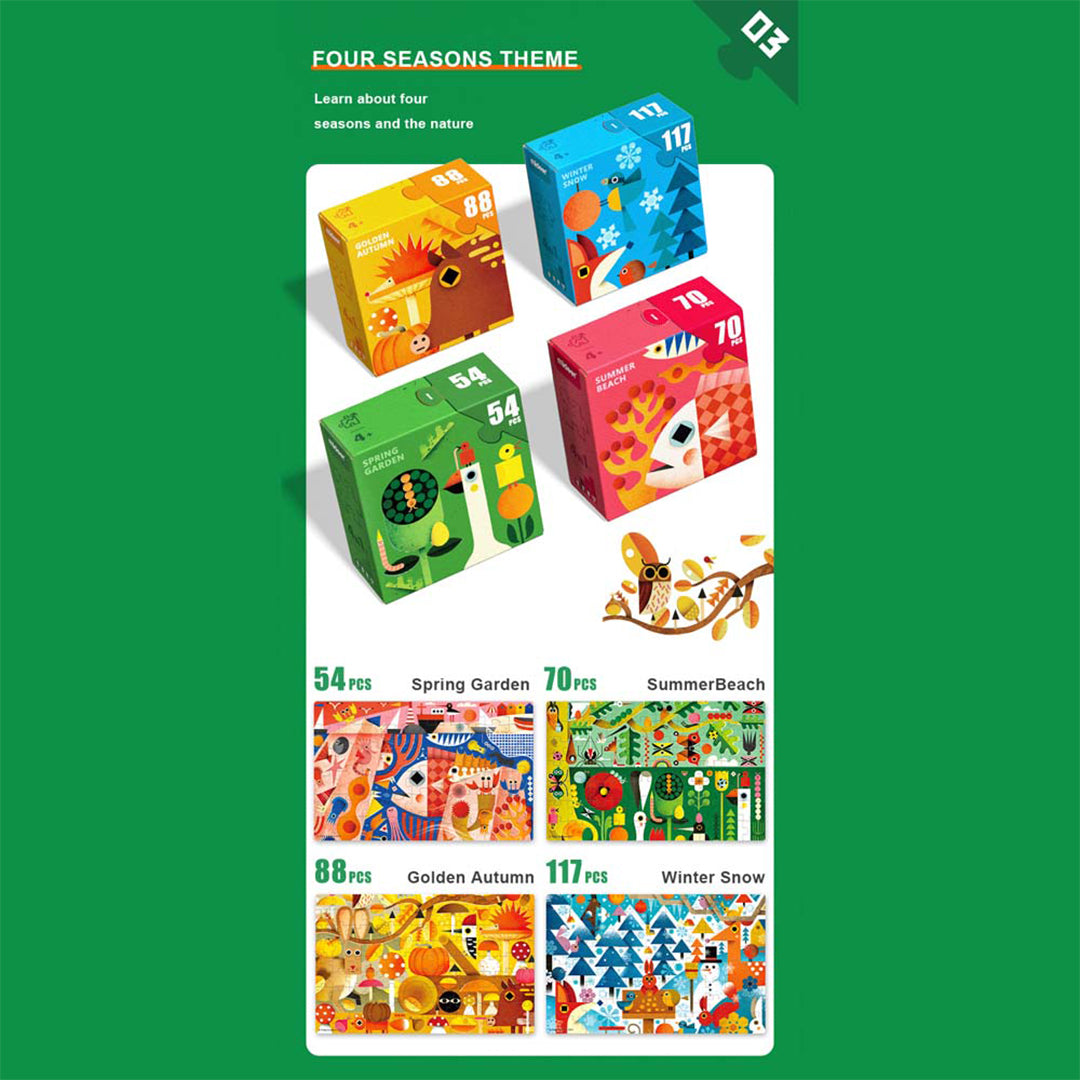 Preschool multi-level cognitive problem-solving 4-theme progressive game with creative activity toys.

