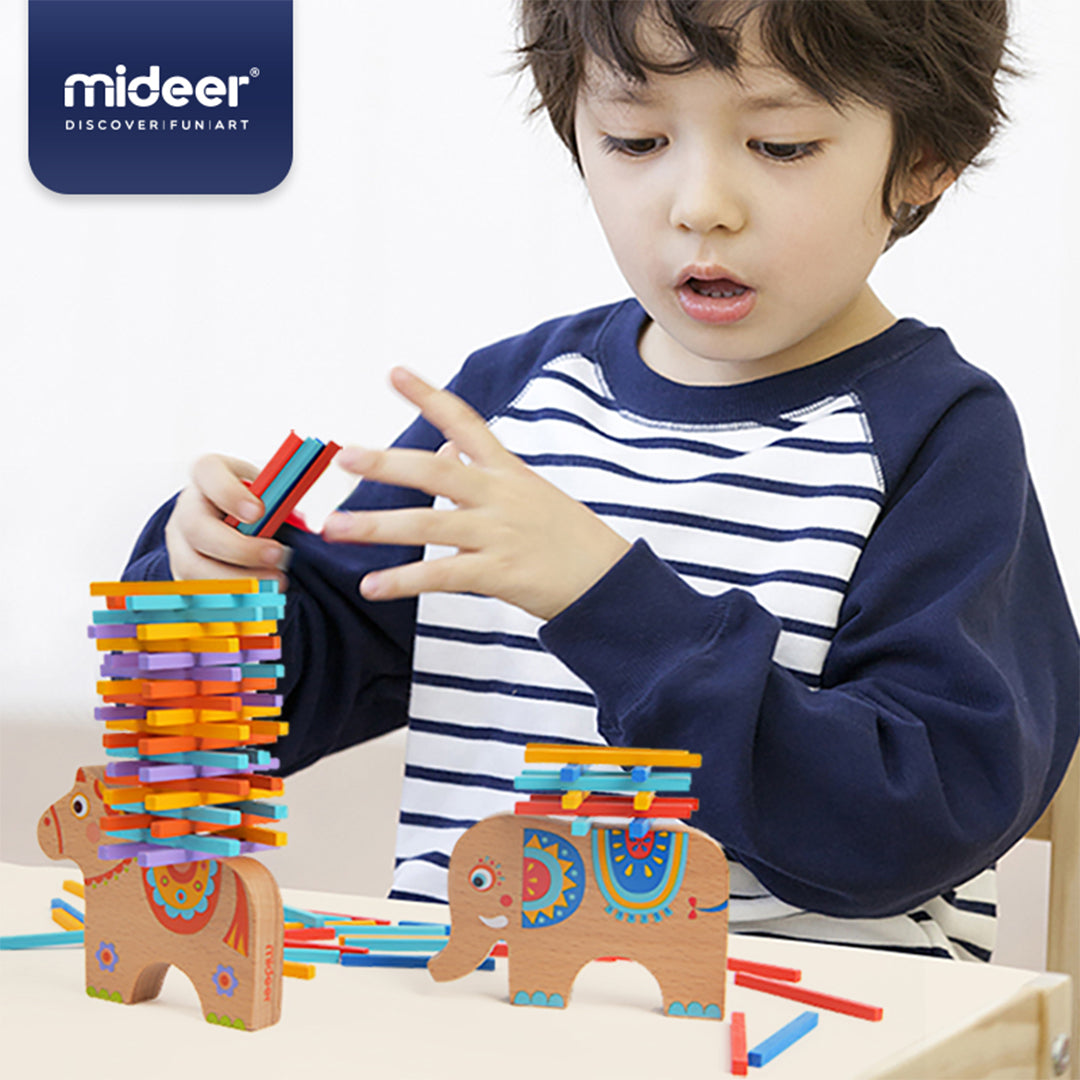 Montessori wooden elephant block stacking and balancing puzzle for active screen-free play.
