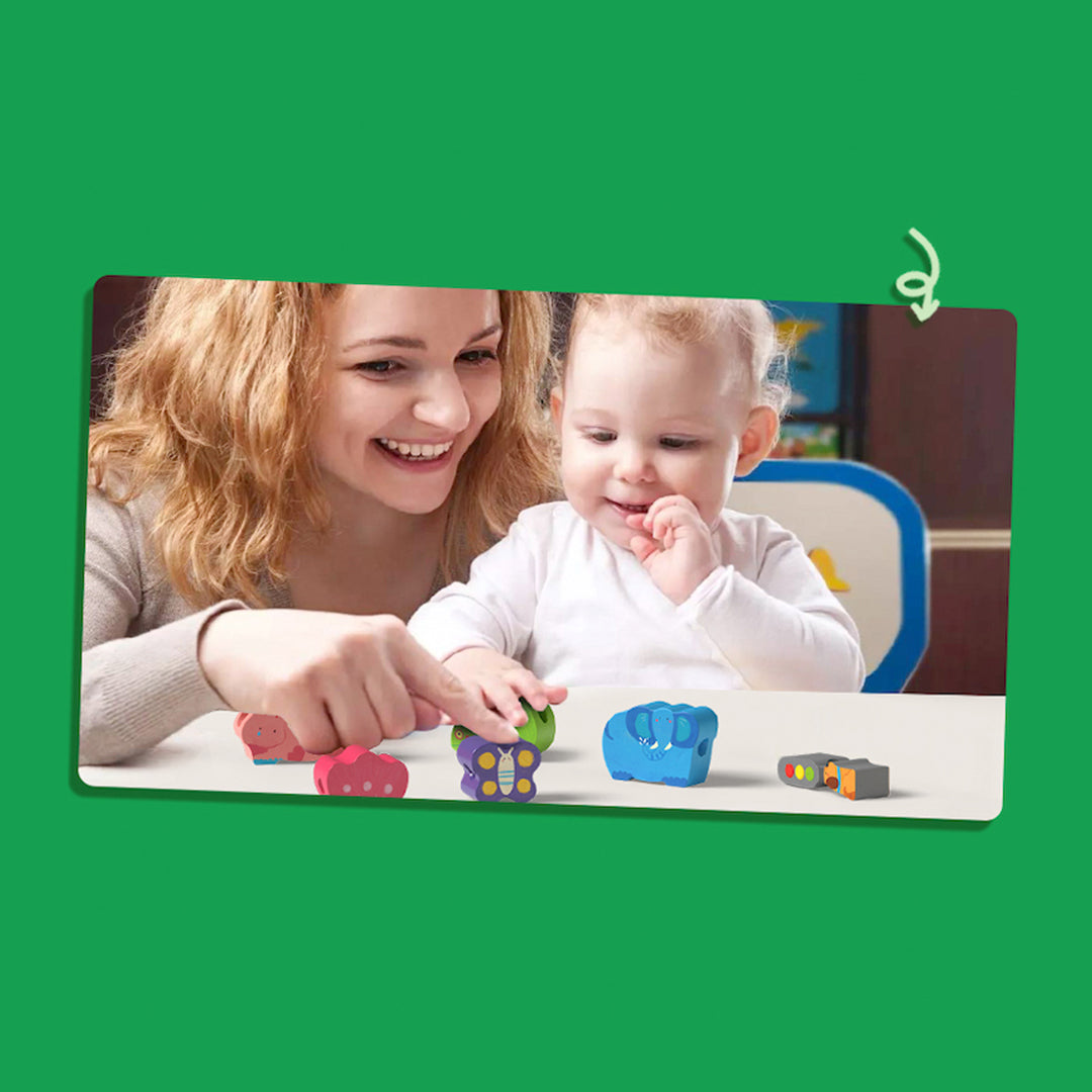 Montessori wooden car shapes and colorful stringing cord for active screen-free play.
