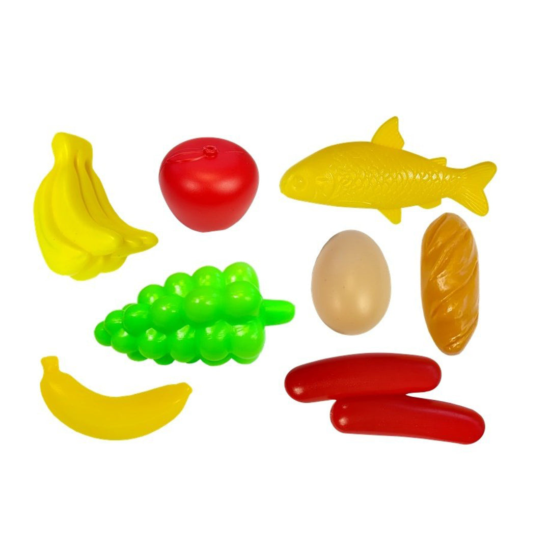 Close-up of the play food and accessories in the Kids Supermarket Play Set