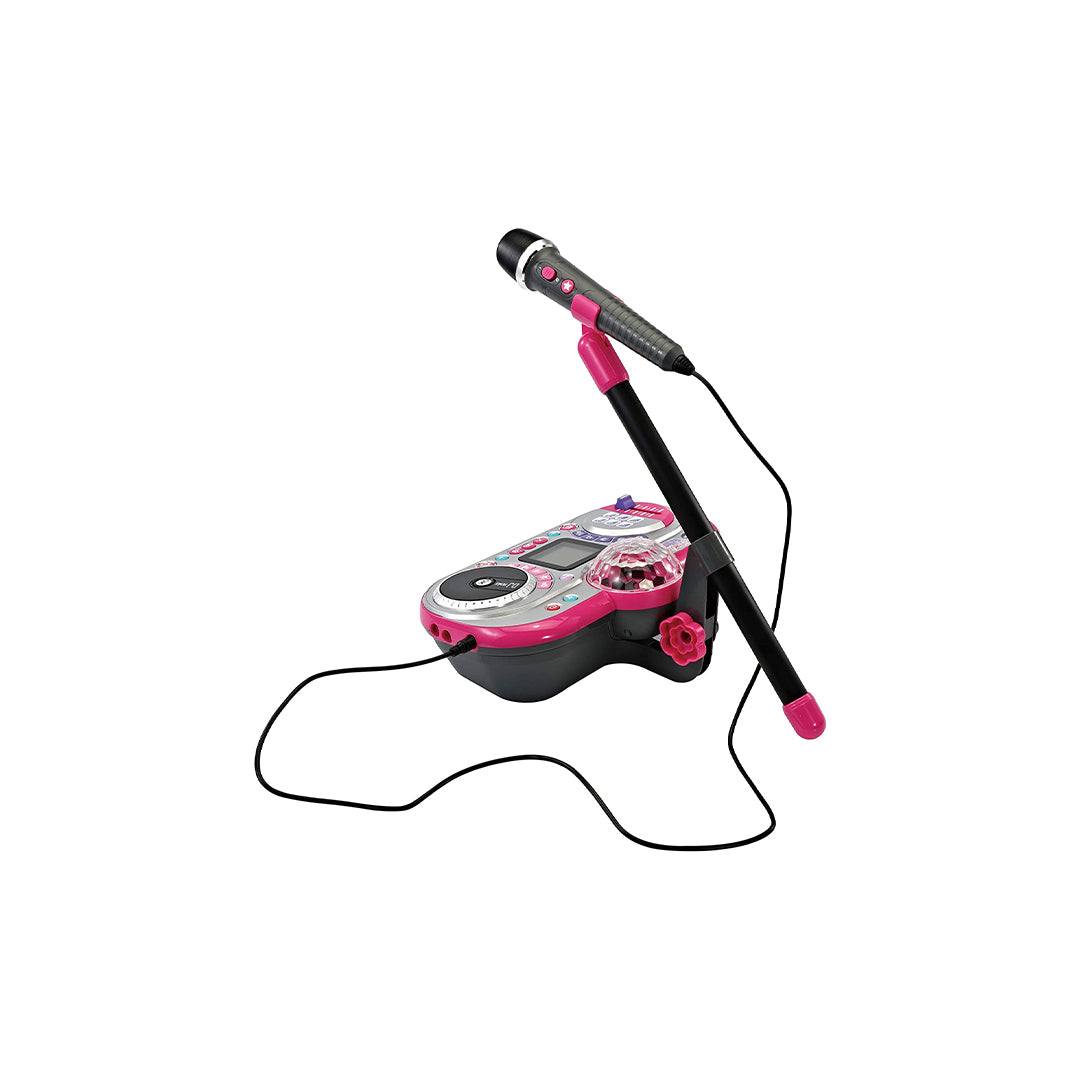 Adjustable microphone stand and DJ pads for screen-free play and fun.