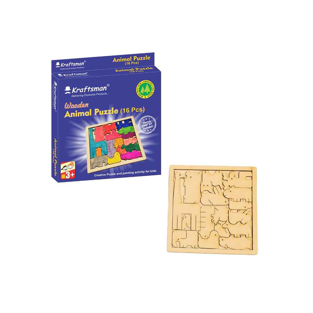 Kraftsman 16-Piece Animal Puzzle - DIY Color Your Own Zoo Kit - Toyspry