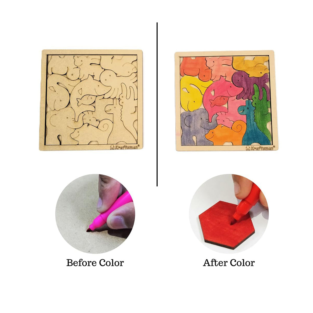 The puzzle pieces arranged in the square frame, forming a complete picture of a zoo
