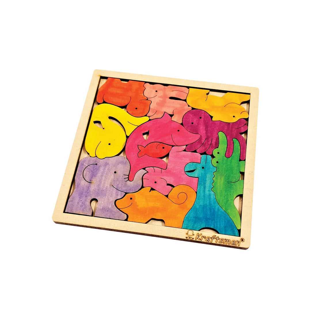 A child coloring the wooden, animal-shaped puzzle pieces
